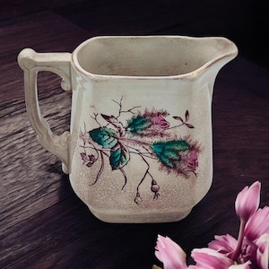Ironstone MOSS ROSE Creamer/Stained Crazed Ironstone/Stamped Warranted/Pastel Blush Pink Florals/Cottagecore Grannycore Dishes/Cottage Pink