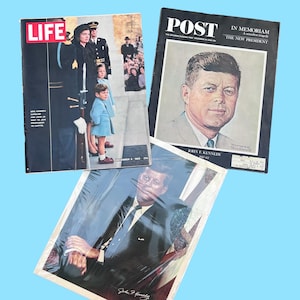 JFK John F Kennedy Memorabilia - Revista LIFE, Revista Post e Retrato de Fabian Bacharach - 1963 - Revistas completas