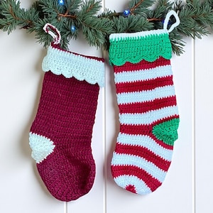 Handmade Knit Christmas Stockings/Red White Striped Stocking/Burgundy Maroon Stocking/Knitted Stockings