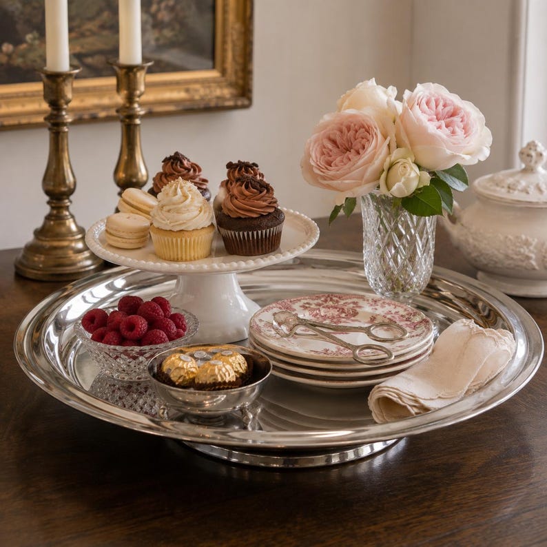 Op de afbeelding: Een groot zilveren dienblad met een witte taartstandaard met cupcakes en macarons, een kristallen vaas met lichtroze rozen, een schaaltje frambozen, een schaaltje met goud verpakte chocolaatjes, gestapelde bloemenbordjes en een linnen servet.