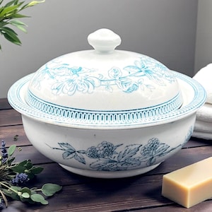 Conjunto de saboneteira redonda em porcelana azul antiga com estampa transferida/Decoração de banheiro estilo casa de campo/Pinder Bourne Co/Saboneteira inglesa de ferro fundido/Por volta de 1800