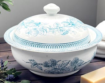 Juego de jabonera redonda antigua de loza azul transferida / Decoración de baño estilo rústico campestre / Pinder Bourne Co / Jabonera de loza inglesa / Alrededor de 1800