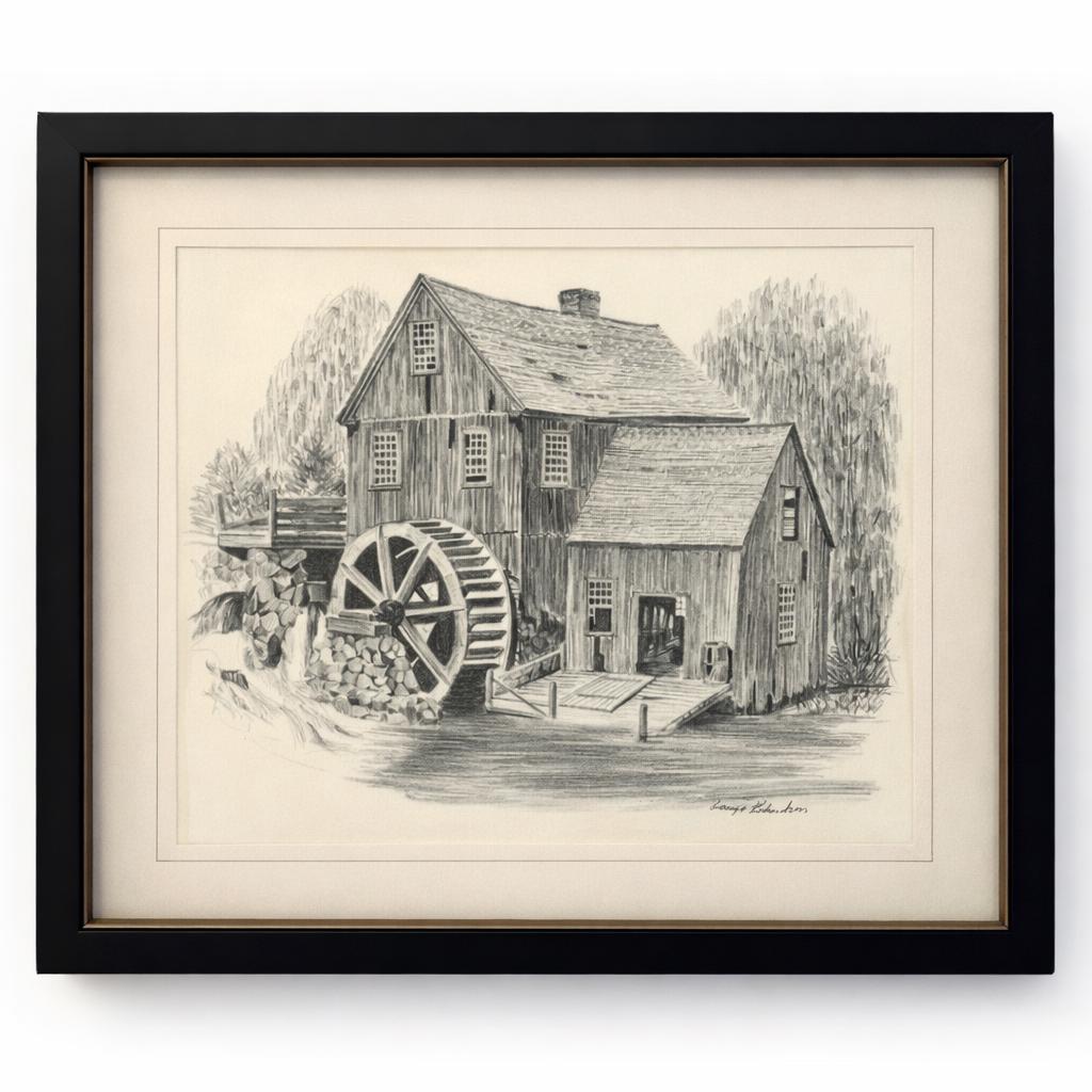 Vintage Framed Pencil Sketch Print of Grist Mill, Signed George