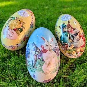 Easter Decorations TIN LITHO LITHOGRAPH Metal Easter Egg Candy Containers- Germany