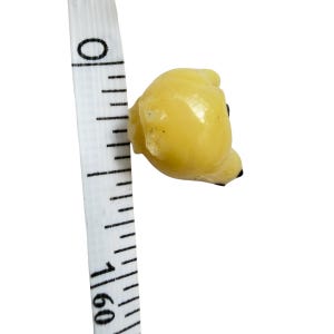 May include: A small, pale yellow, smooth-surfaced figurine shaped like a dog head, positioned next to a white measuring tape that shows the object is approximately 0.75 inches in height. The figurine features a small black nose and dark eyes.