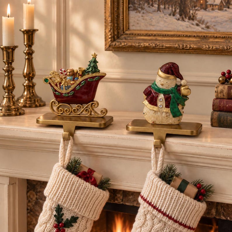 May include: Two gold-toned metal stocking holders featuring decorative figurines. One holder displays a red sleigh filled with gifts and a small tree, while the other features a snowman wearing a red hat and green scarf. Both hold cream-colored knit stockings.