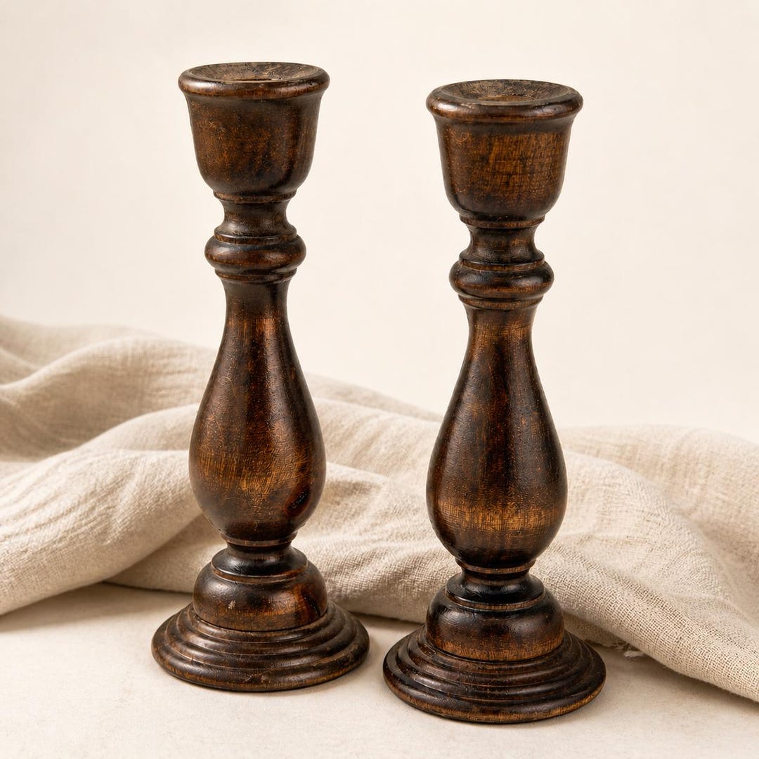 Vintage Wood Taper Candle Holders Set of 2 | Farmhouse Candlesticks ...