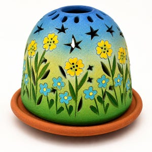 StarryLights Studio Wildblumenleuchte | Handbemalte Terrakotta-Kerzenlaterne | Cottagecore Garten Dekor