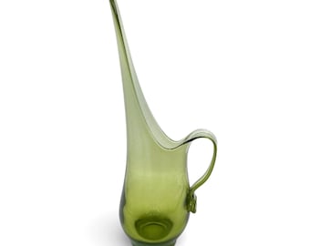Mid-Century Chartreuse Swung Glass Pitcher | Handled Viking-Style MCM Art Glass | 14.5” Tall