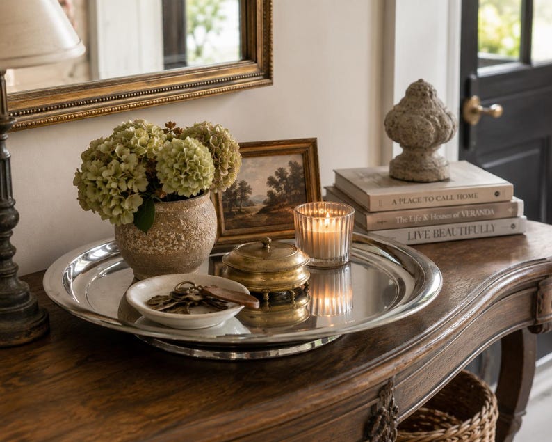 Op de afbeelding: Een grote ronde zilverkleurige metalen schaal met een beige keramische vaas met groene hortensia's, een klein wit schaaltje met metalen sleutels, een ronde koperen doos met deksel en een glazen waxinelichthouder met een brandende kaars.