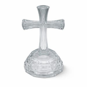 Vintage Clear Crystal Cross | Heirloom Religious Decor | Glass Cross Tabletop Altar Accent | 7” Tall