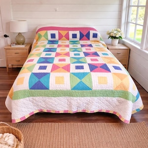 Handgewatteerde patchworkquilt, extra grote koningin of kleine koning, kleurrijke geometrische katoenen sprei