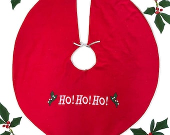 Vintage handgemachter Filz-Weihnachtsbaum-Rock / 39 ”Runde / roter HO HO HO-Rock / 1970er Jahre Vintage Weihnachten
