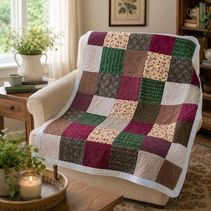 Vintage Handmade Patchwork Quilt Throw | Autumn Farmhouse Chair Quilt | Fall Cottage Decor | 51 x 52 Handmade Lap Quilt