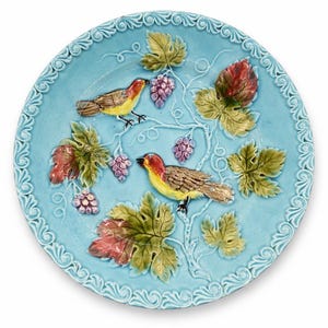 Vintage Zell Majolica Bird Plate | West Germany Botanical Charger | Cottagecore Gallery Wall Decor | Mid Century German Pottery | 9”