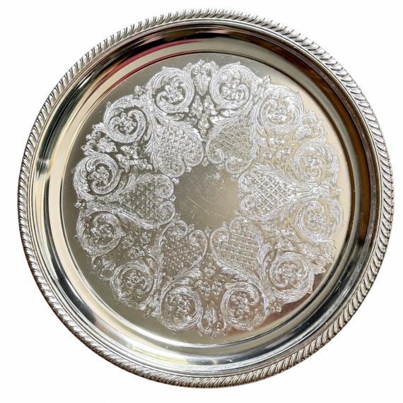 Vintage Silver Tray 15” Round | Hostingcore | Dessert or Vanity Tray |