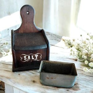 Primtive Wood Salt Box with Metal Insert/Rustic Handmade Old Wood Box/Farmhouse Kitchen Decor Neutral Home
