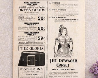 Antique Victorian Corset Advertisement | Dowager Corset for Stout Figures | c. 1890s Puritan Magazine Fashion Ad | Wall Decor