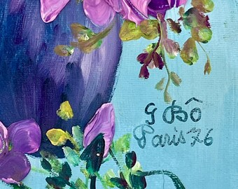 ヴィンテージサイン入り花の油絵/パリ、フランス/ターコイズブルーの