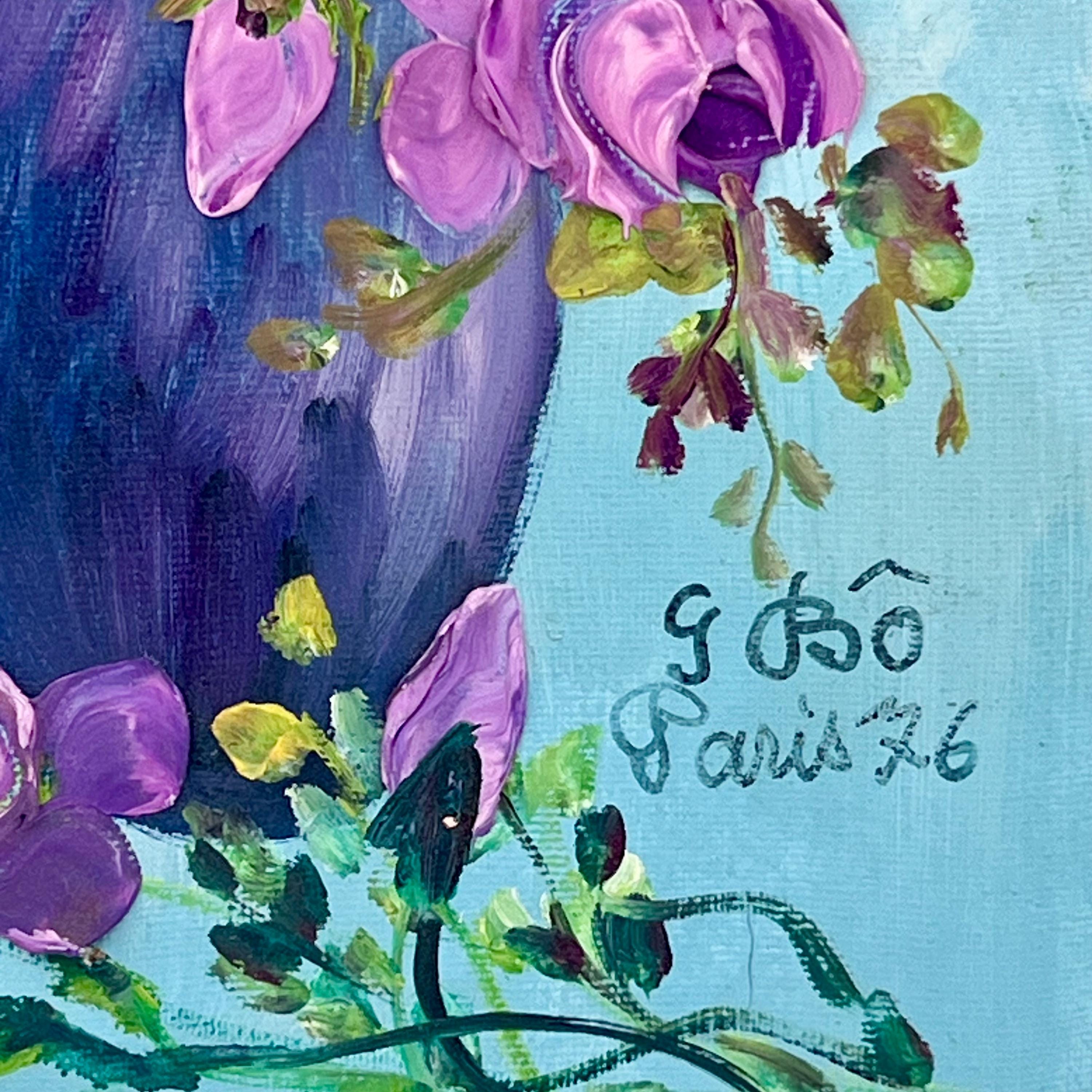 ヴィンテージサイン入り花の油絵/パリ、フランス/ターコイズブルーの