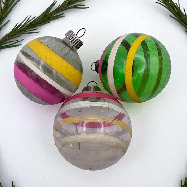 WW2 Unsilvered Transparent Shiny Brite Striped Ornaments/Set of 3/ WWII Vintage Mercury Glass Ornaments