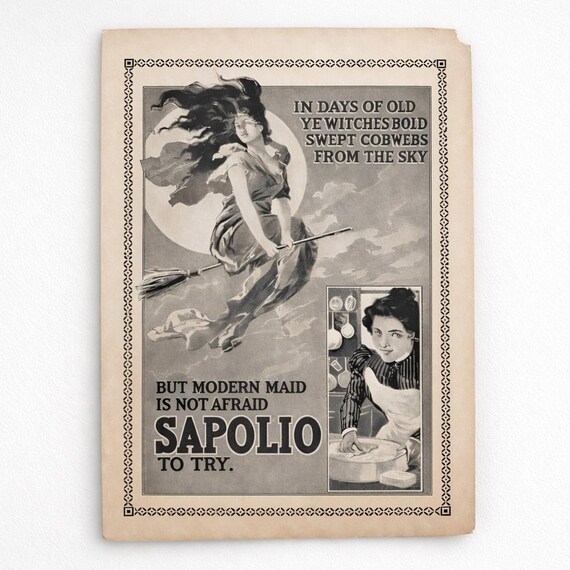 Antique Witch Advertisement Print c. 1900s | Sapolio Victorian Magazine Page | Gothic Halloween Wall Art | Original Ephemera