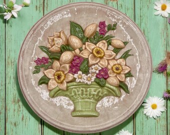 Cottagecore Grannychic Ceramic Floral Wall Plaque/Handmade Signed 1978/Vintage Floral Wall Decor/Vintage Ceramic 3D Wall Plate
