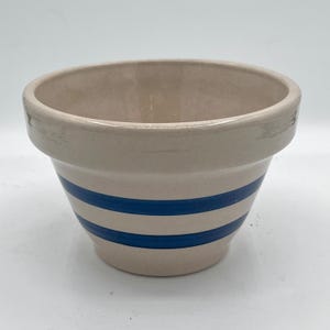 May include: A beige ceramic planter with two horizontal blue stripes. The planter has a rounded shape with a slightly flared rim. The interior is a lighter beige color. The exterior has a smooth finish.