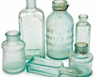 Antique Apothecary Bottle Set of 6 | 19th–Early 20th C. Medicine & Extract Bottles | Hand-Blown Aqua Glass Decor