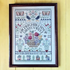 Vintage Cross Stitch Sampler/Completed Framed Needlepoint Wall Decor/Cottagecore Decor/Grannychic Crewel/Dining Room Wall Decor/Gallery Wall