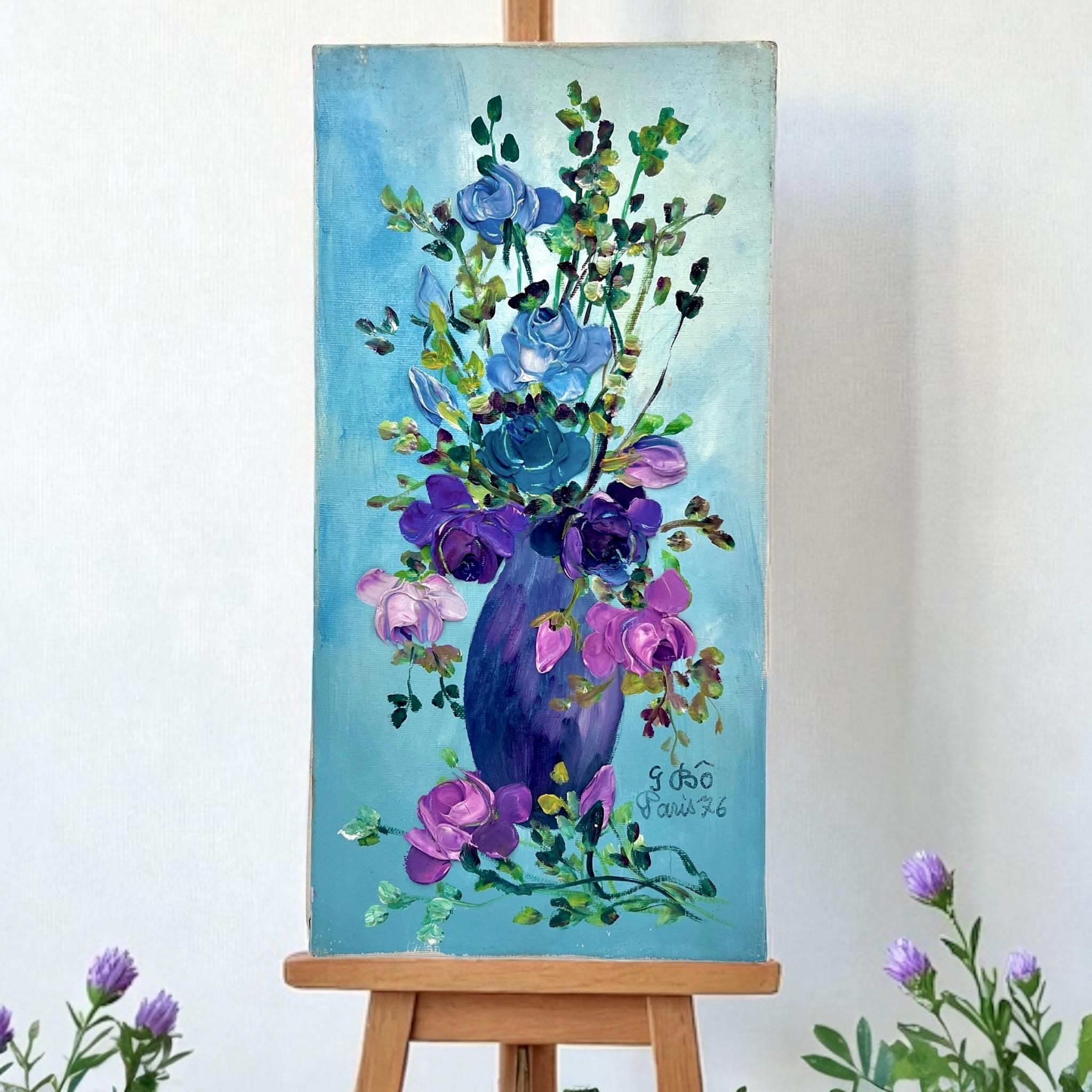 ヴィンテージサイン入り花の油絵/パリ、フランス/ターコイズブルーの