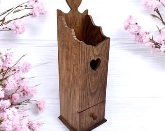 Vintage Wooden Candle Pipe Box/Heart Cutout Wall Shelf/Country Farmhouse Wall Decor/Rustic Kitchen/Wood Wall Candle Box/Pipe Box with Drawer