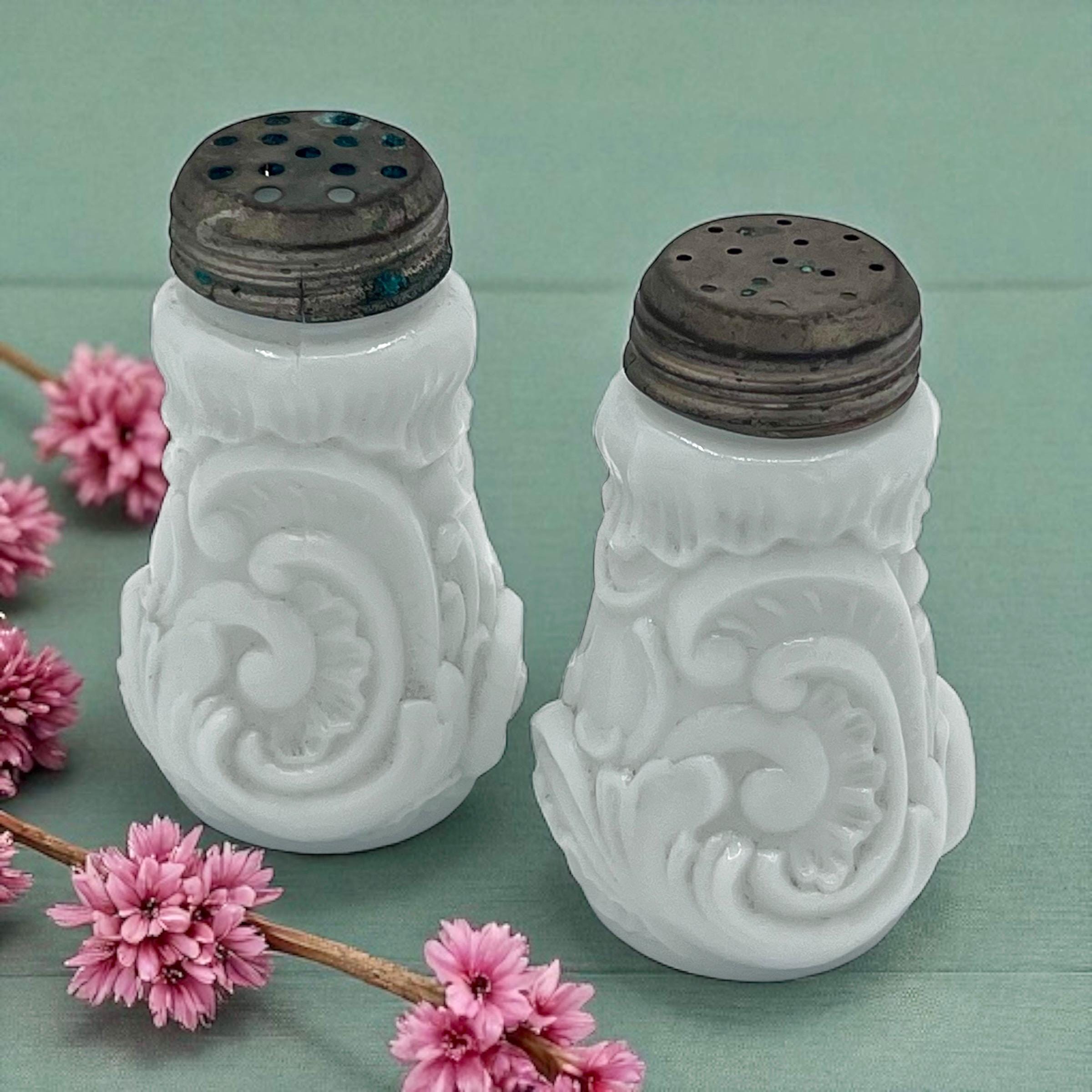 Vintage Milk Glass Salt Pepper Shakers/white Embossed Floral Glass 