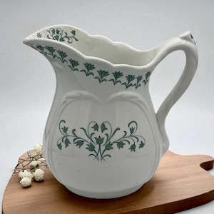 White Ironstone Large Pitcher/Green Transferware Dishes/Royal Bassett STOCKHOLM pattern/Circa 1840-1870/Victorian Aesthetic Movement China