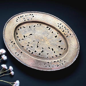 Vintage  Brass Etched Oval Tray Platter/Boho Brass Fretwork Tray/Coffee Table Tray/Candle Tray/Hollywood Regency Decor