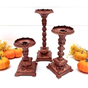 Vintage Copper Metal Candlesticks/Thanksgiving Autumn Table Centerpiece/Vintage Fall Taper Candle Holders/Vintage Halloween/Set of 3