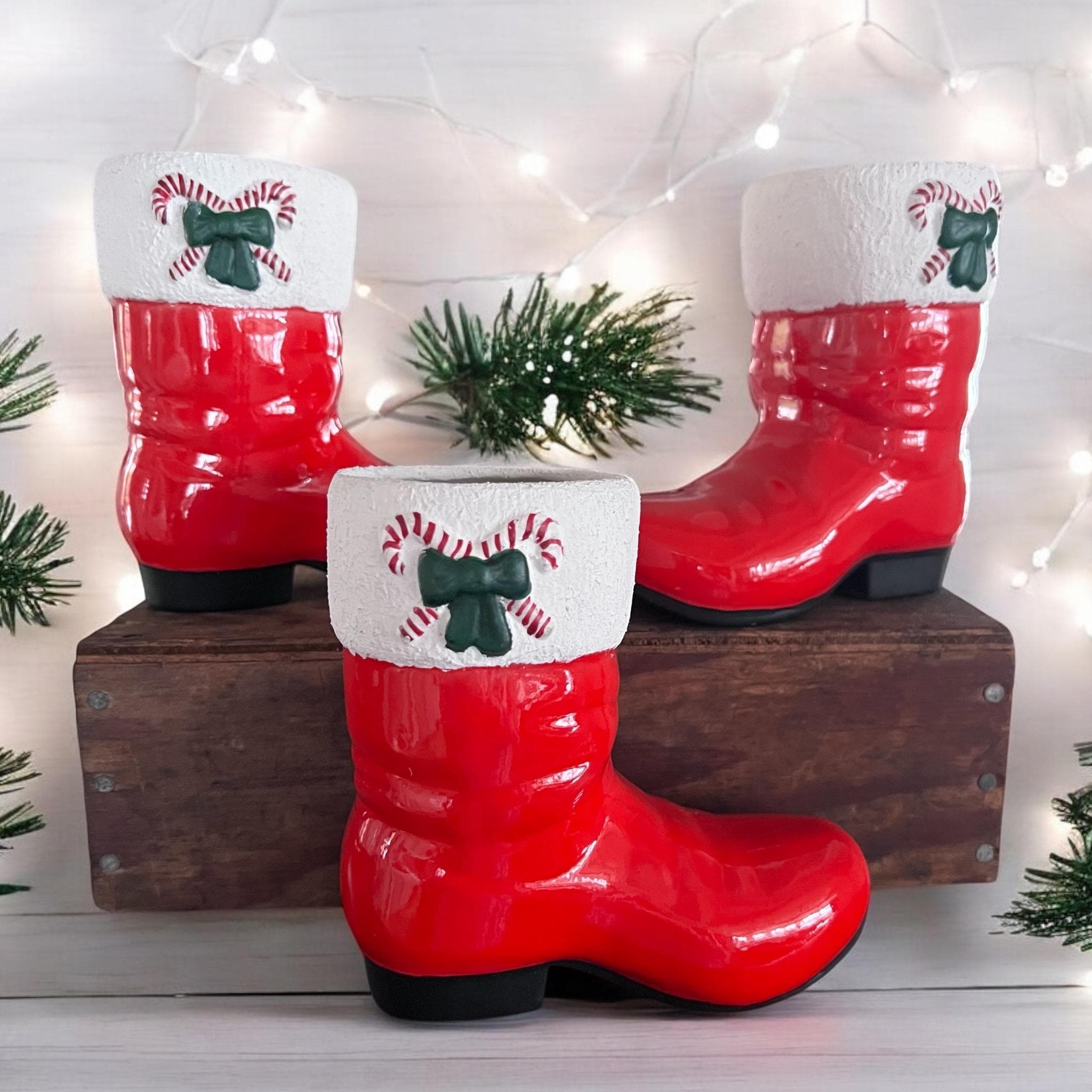 Vintage Ceramic Santa Boot Planters -MCM Retro Christmas Holiday Decor Kitschy Christmas-Set of 3