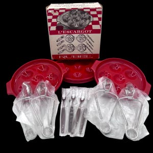 Vintage Escargot Set Pans Tongs Forks/12 Piece Set/ Rubel L’Escargot Made in Japan/Snail Plates/Retro Kitchen/Mushroom Baking Pans