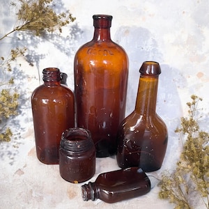 Amber Brown Glass Bottles/Circa 1890s-1920s/Embossed Oxol & Vaseline/Bubble Glass/Fall Thanksgiving Halloween Shelf Decor/Antique Bottles