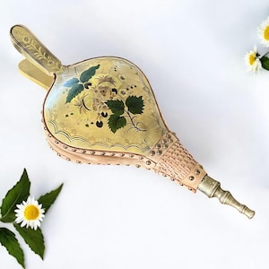 Vintage Fireplace Bellows/Antique Hand Bellows/Hand painted Gold Leaf Tole Design/Wood Leather Brass Bellows/Bellows/Country Farmhouse Decor
