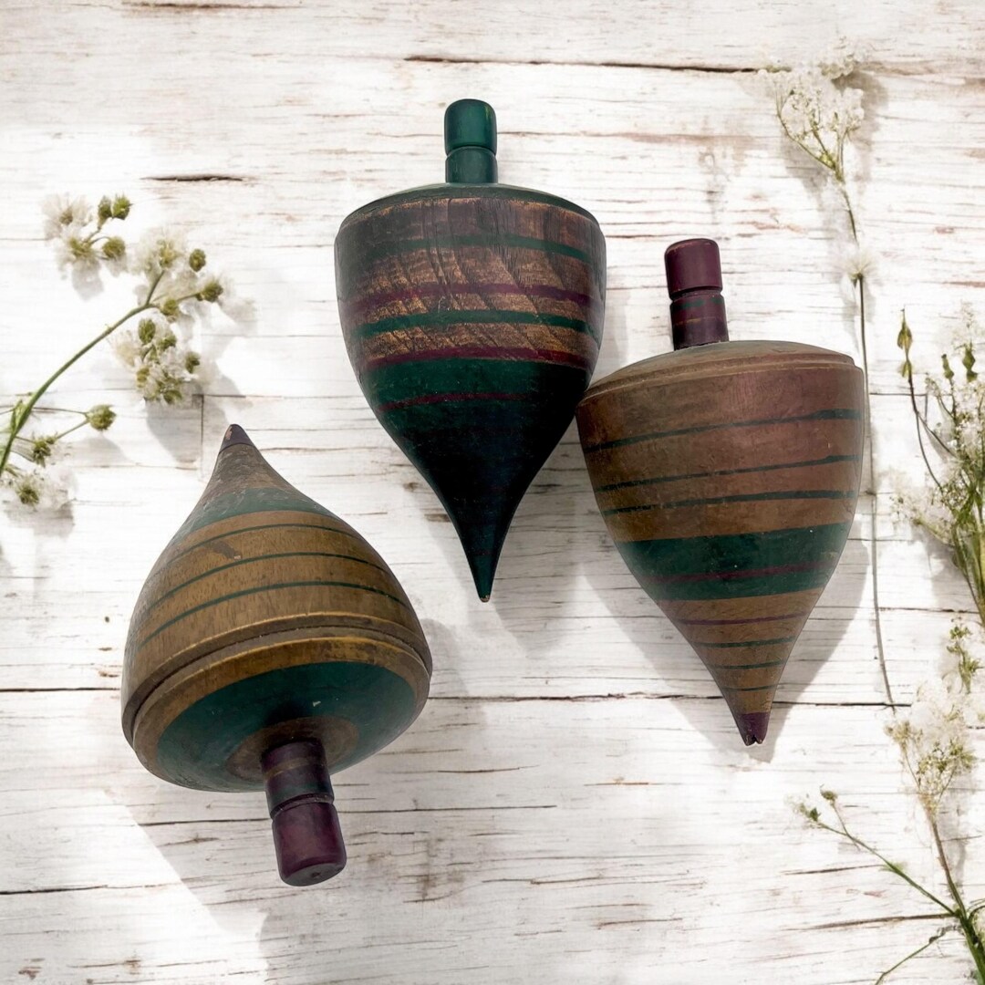 Antique Wooden Pull String Tops/set of 3/primitive Striped Wood Toy ...