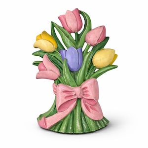 Vintage Cast Iron Tulip Doorstop | Hand-Painted Floral Garden Decor | Rustic Cottage Spring Accent