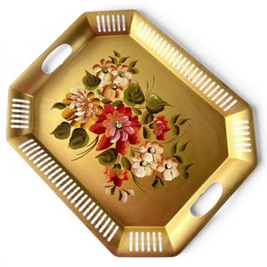 Vintage Toleware Handpainted Tray/Gold Floral Painted Metal Tray 