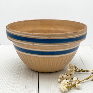 Vintage Blue Stripe Yellow Ware Bowl: Antique Stoneware Mixing Bowl