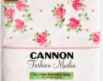 Vintage Cannon Polka Dot Rose Print Flat Sheet NOS | Pink Floral Polka Dot Sheet | Full Double Bed 81x108 | Cottagecore Bedding USA Made