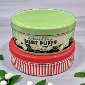 Vintage Holiday Christmas Candy Tin/Winter Decor/ Sparkling Mint Puffs Tin/Vintage Advertising Tins/Christmas Kitchen Decor/Red & Green Tins
