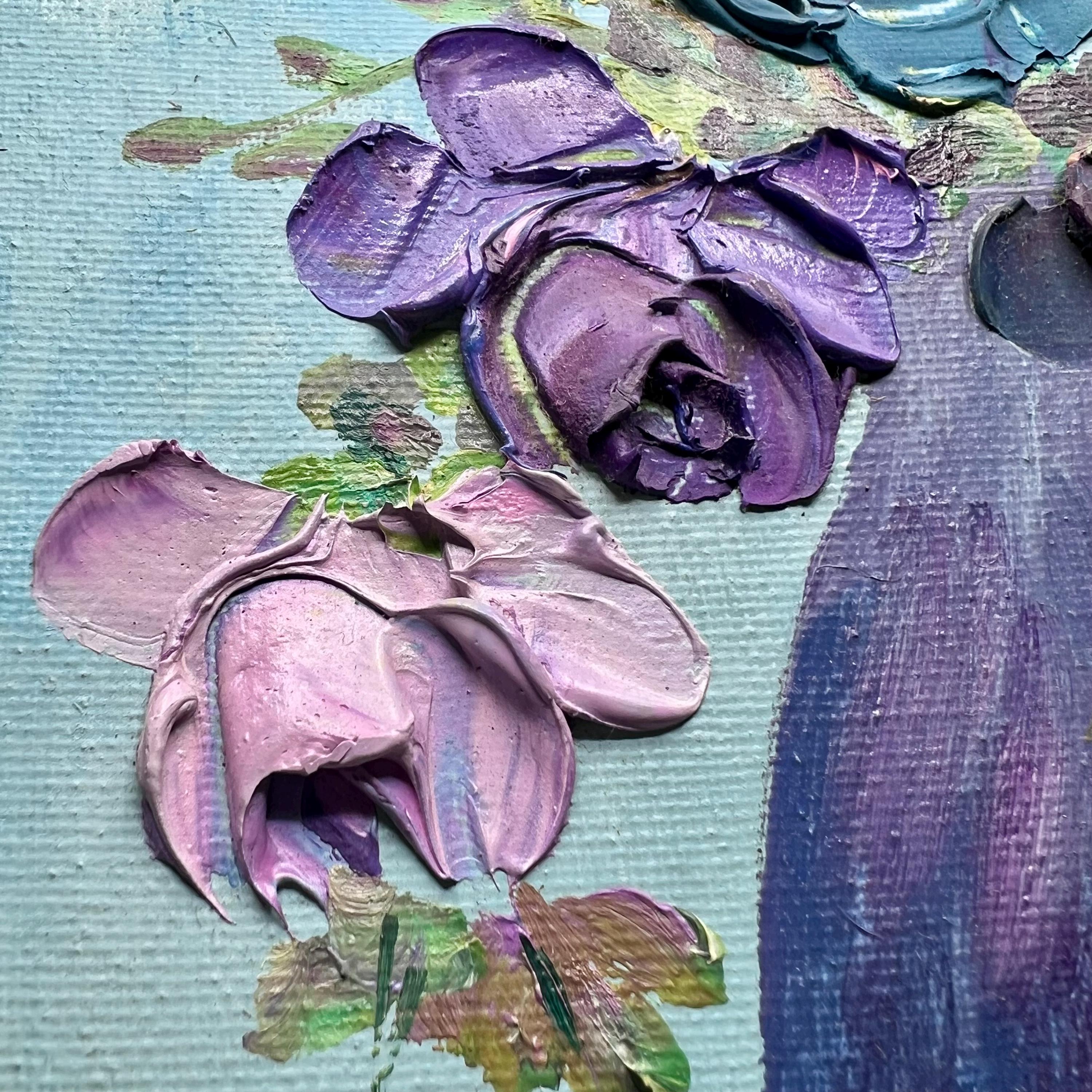 ヴィンテージサイン入り花の油絵/パリ、フランス/ターコイズブルーの