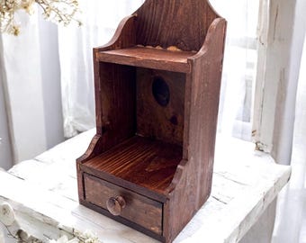 Vintage Wood Apothecary Wall Shelf/Rustic Primtive Wood Box/Antique Wall Decor/Hanging Display Shelf with Drawer