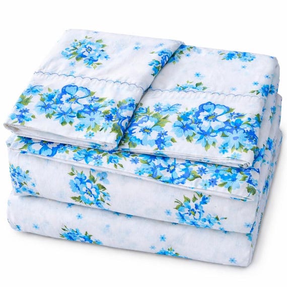 Vintage Floral Sheet Set Full Size | NOS Grants Bedding USA Made | Blue Cottagecore Sheets 4 Pc Cotton Blend