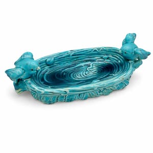 Vintage Turquoise Ceramic Bird Dish | Unmarked Mid-Century Pottery | Cottage Garden Birdbath | Bluebird Trinket Dish